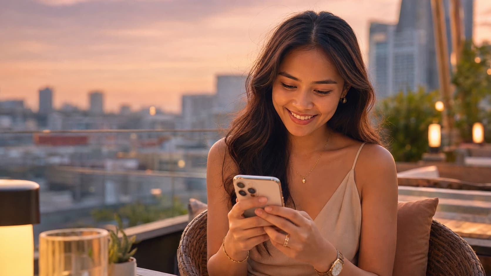 A smiling Filipina reading a message on her phone